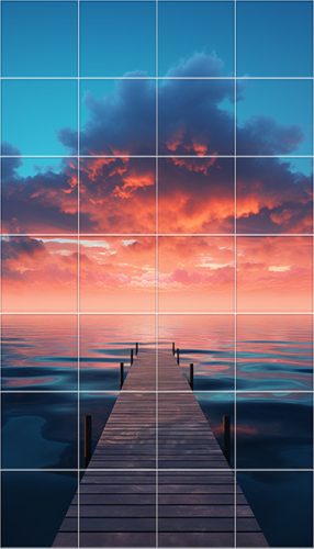 Tile mural with wooden pier and vibrant sunset clouds – modern decorative ceramic tile